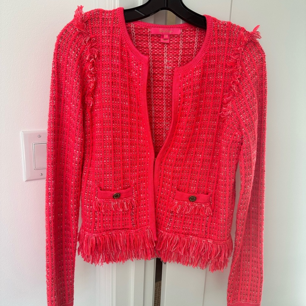 Lilly Pulitzer Simora Spicy Coral Fringe Tweed Jacket - XS - Picture 3 of 7